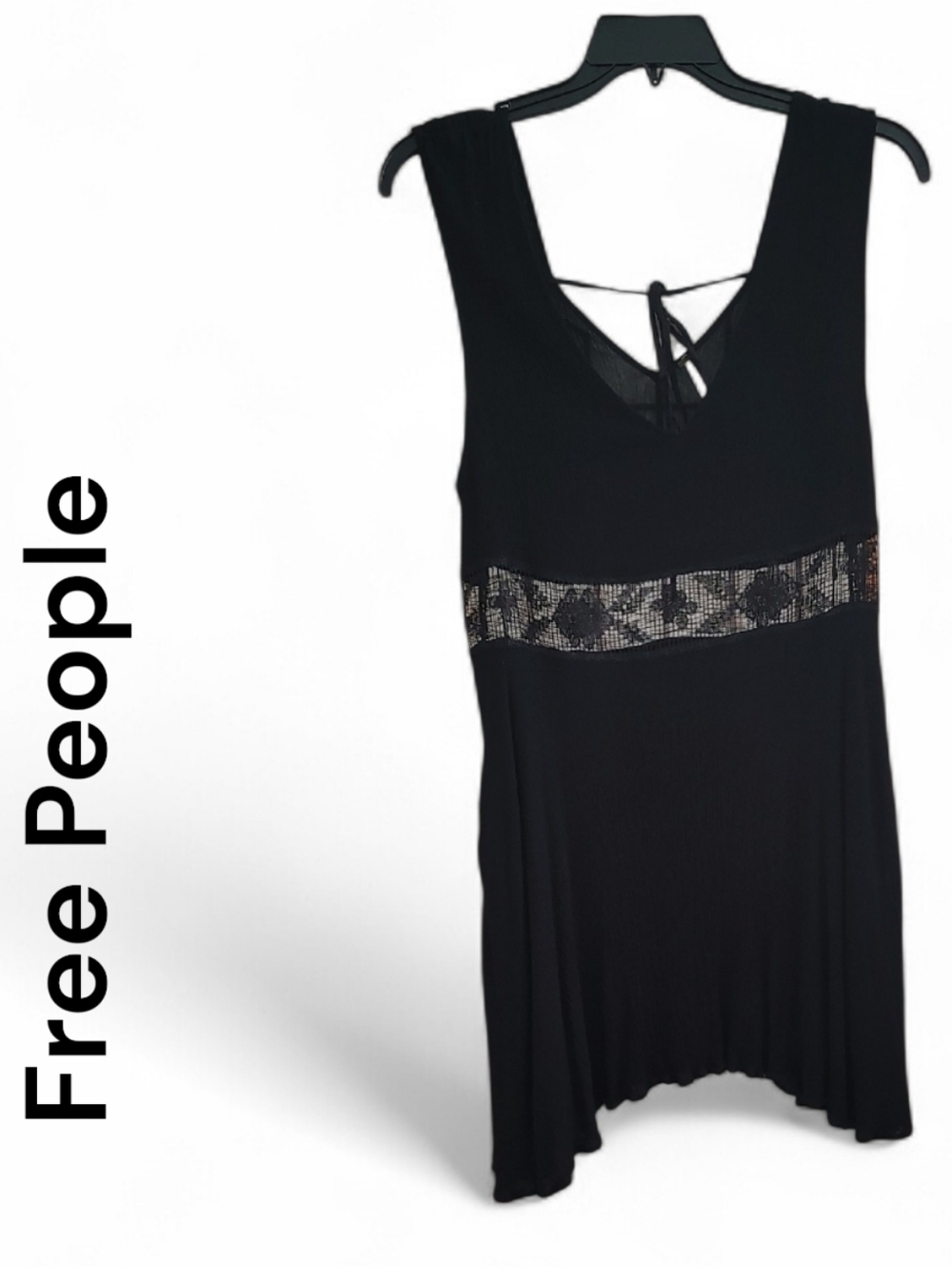 Free People Black Sleeveless V Neck Dress With Lacey Midriff Sz Large